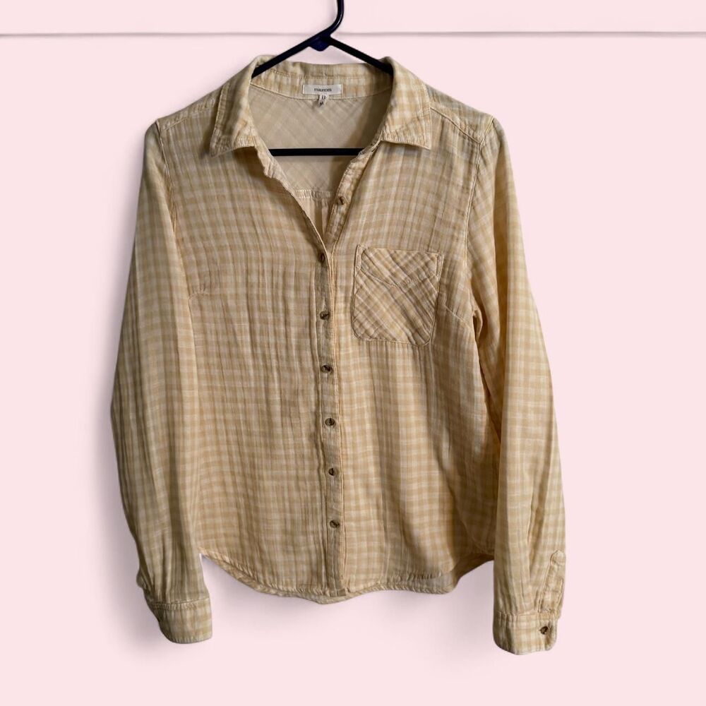 Maurices Top Women M Yellow Gingham Plaid Cotton Gauze Button Down Shirt